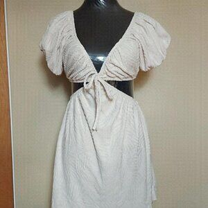 Boho Beach Dress Vintage Havana Puff Sleeve Cutout Mini Dress Cottagecore